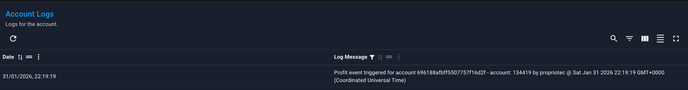 Account Logs — manual event entry