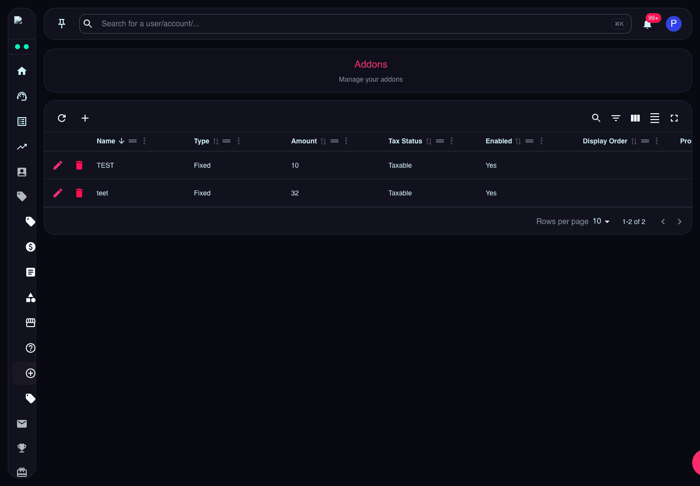 Addons page showing addon type, amount, tax status, enabled state, display order, product IDs, and addon types