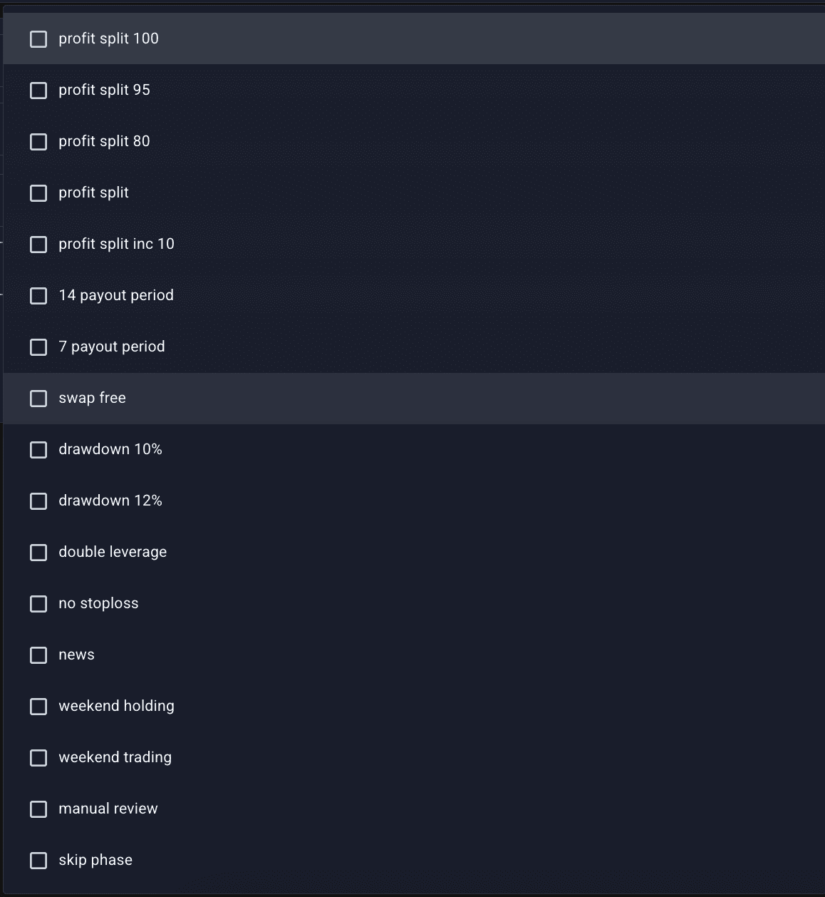 Addons list — profit split and leverage addons