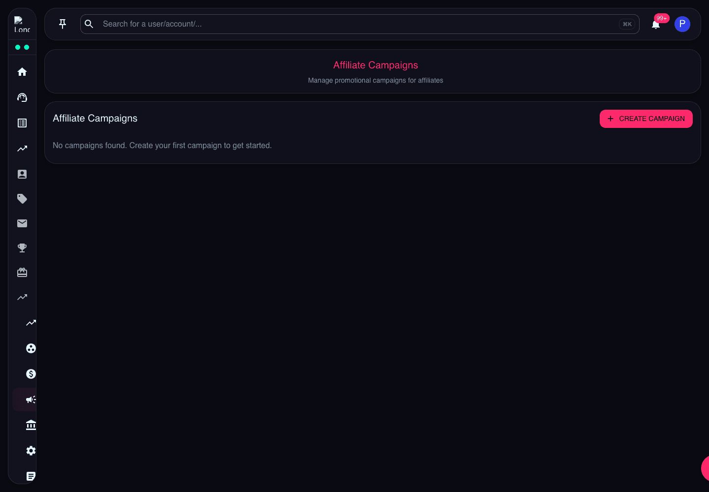 Affiliate Campaigns page with create campaign action and empty campaign state