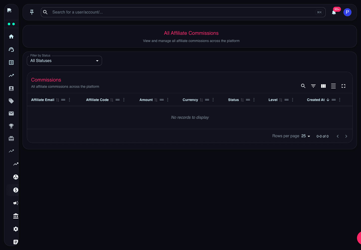 All Affiliate Commissions page showing status filter, commission table, amount, currency, status, level, and created date