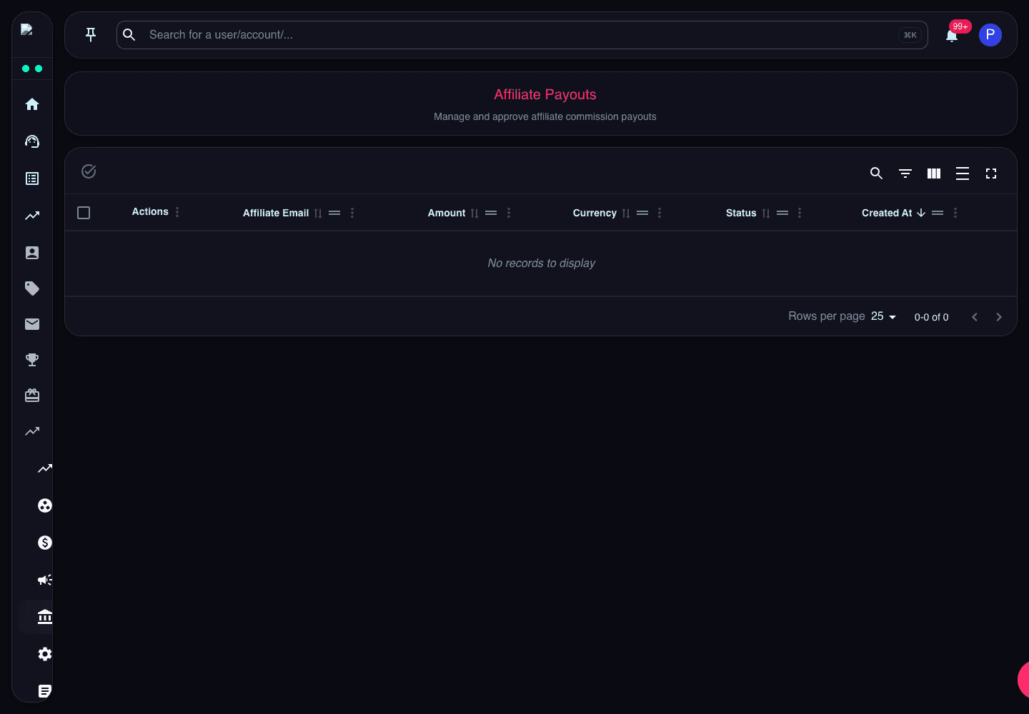 Affiliate Payouts page showing payout rows, status, amount, currency, created date, and bulk selection