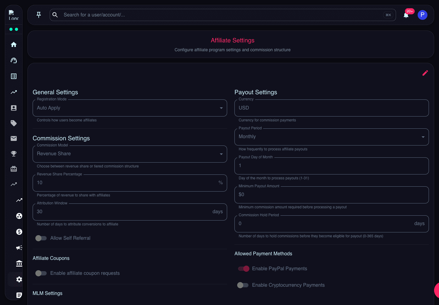 Affiliate Settings page showing registration mode, commission settings, coupons, MLM, payout settings, payment methods, and integration downloads