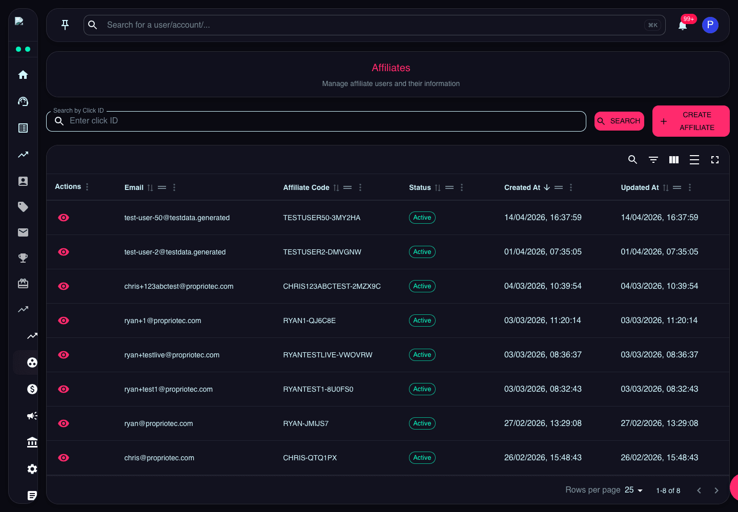 Affiliates page showing click ID search, create affiliate action, affiliate code, status, and timestamps