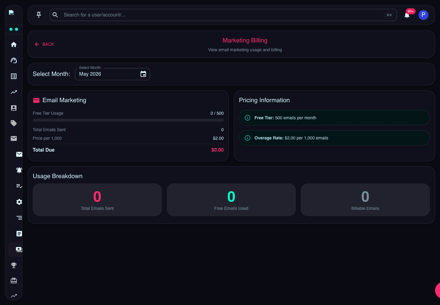 Marketing Billing page showing month selector, free tier usage, total emails sent, price per thousand, and usage breakdown