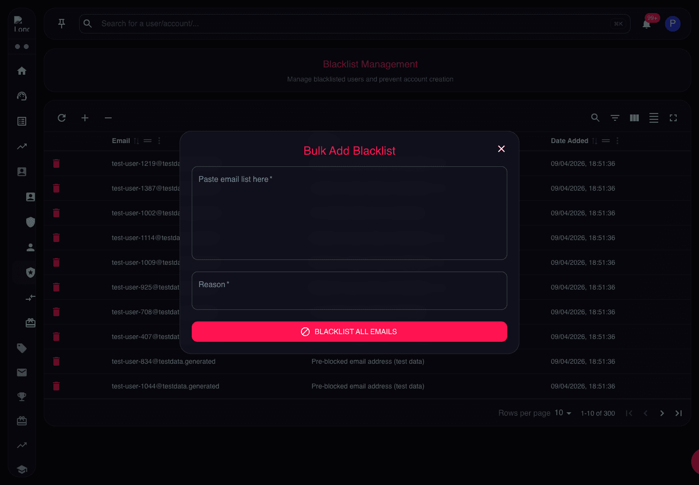 Bulk Add Blacklist dialog showing email list and reason fields