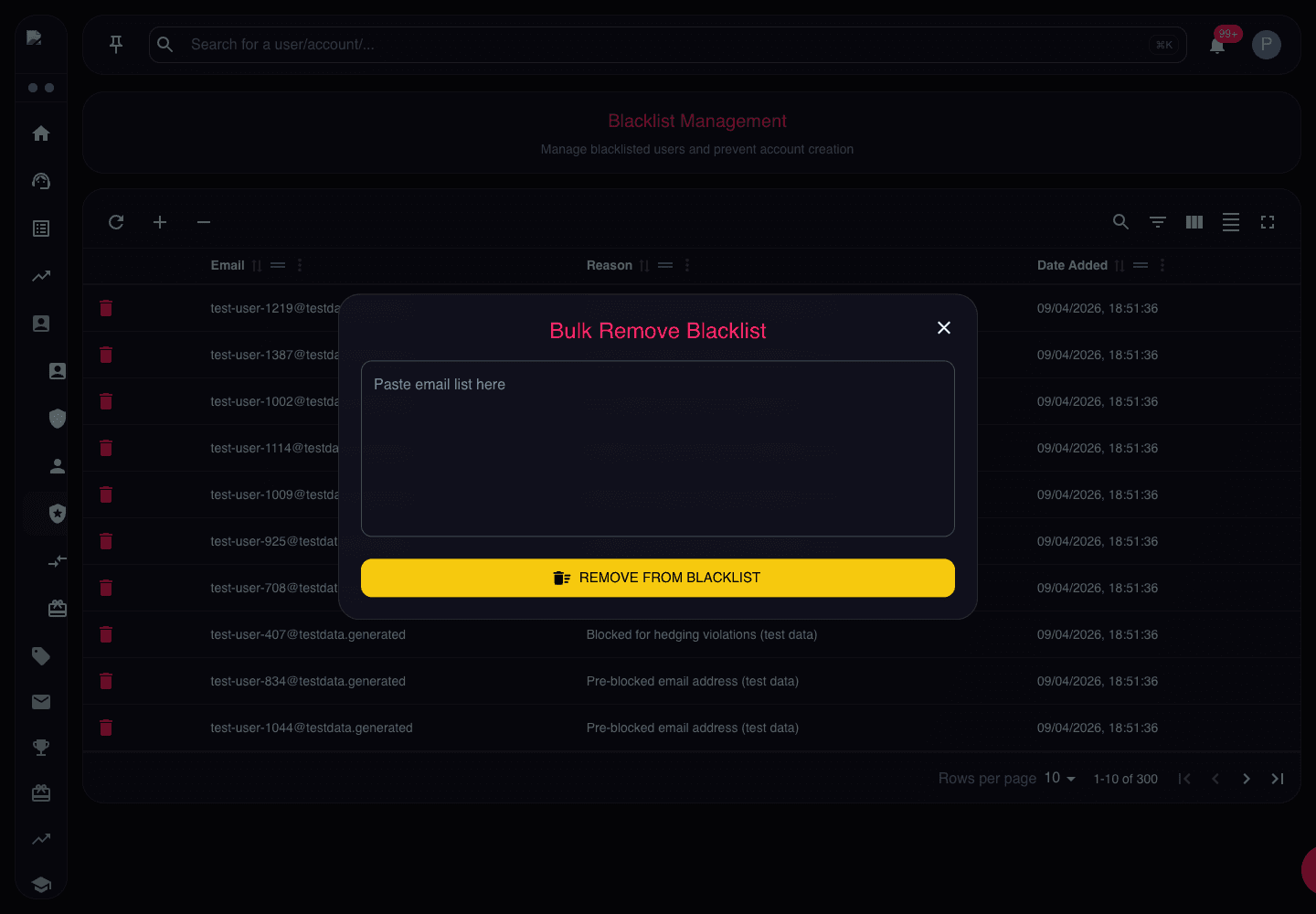 Bulk Remove Blacklist dialog showing email list field