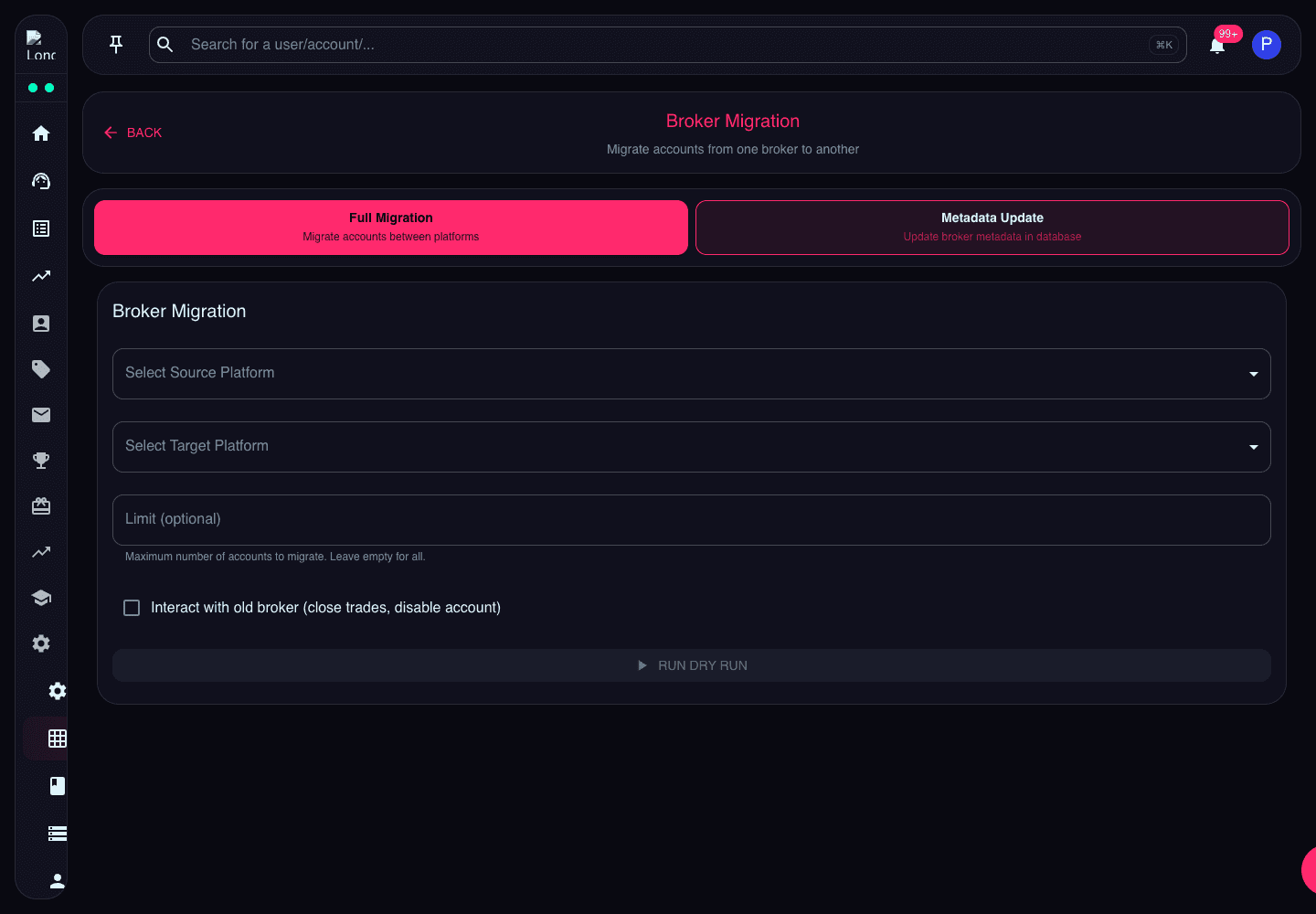Broker Migration page showing full migration and metadata update tabs with source and target platform fields