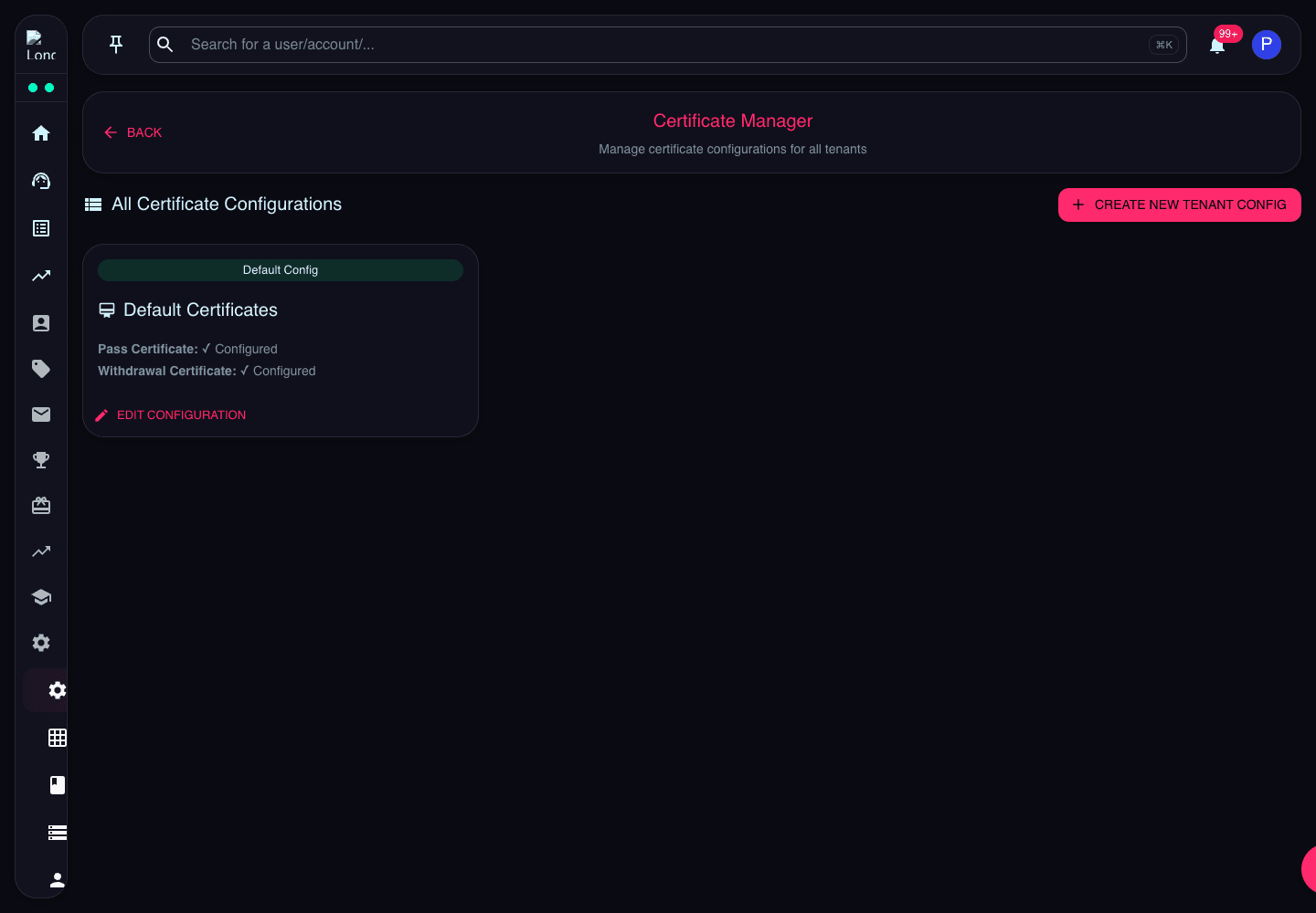 Certificate Manager page showing tenant certificate configuration and edit action