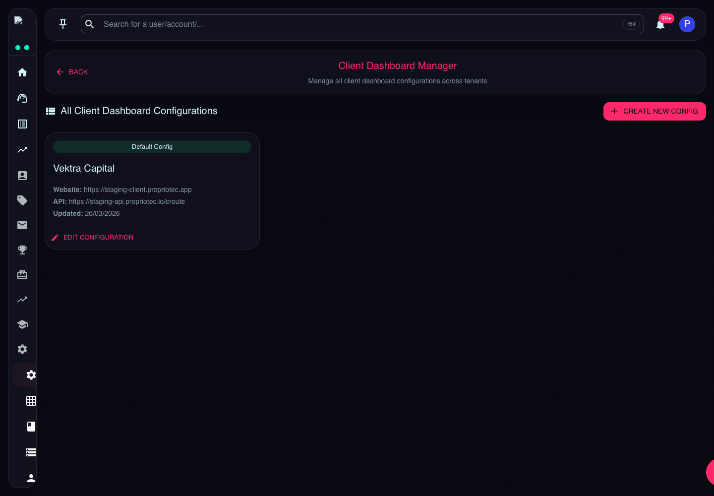 Client Dashboard Manager page showing dashboard configuration, website URL, API URL, and edit action