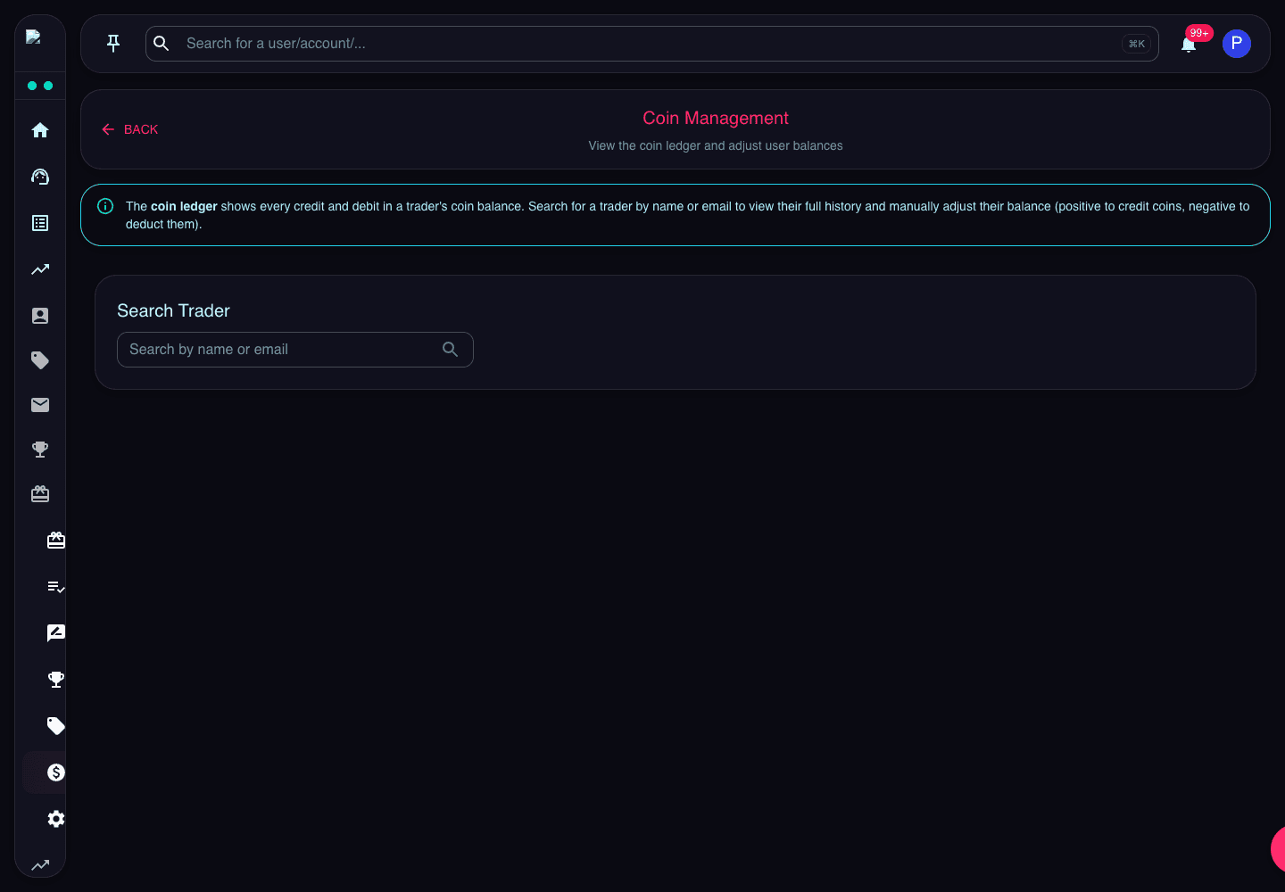 Coin Management page with trader search field for coin ledger lookup