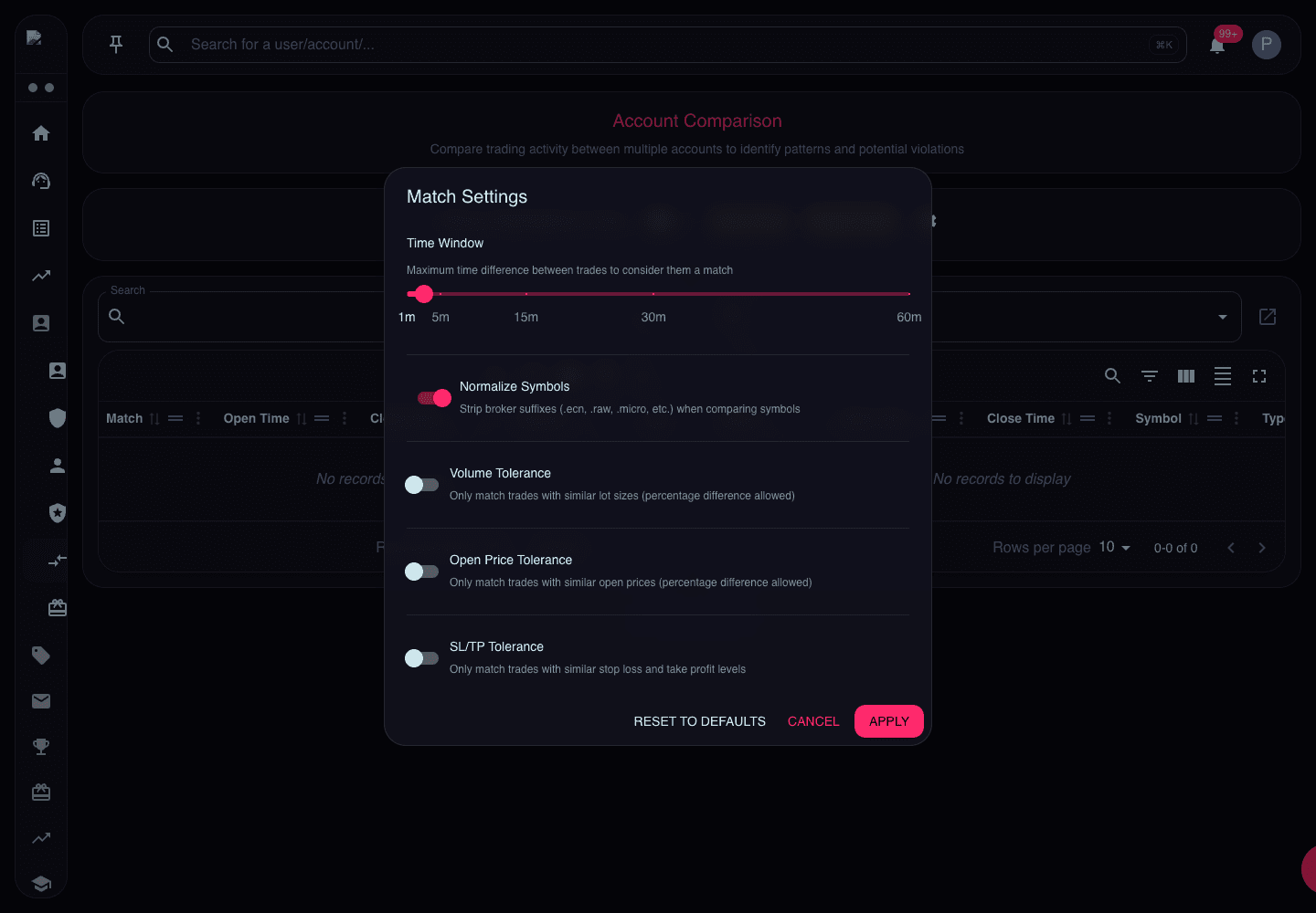 Match Settings dialog showing time window, symbol normalization, volume tolerance, price tolerance, and SL/TP tolerance
