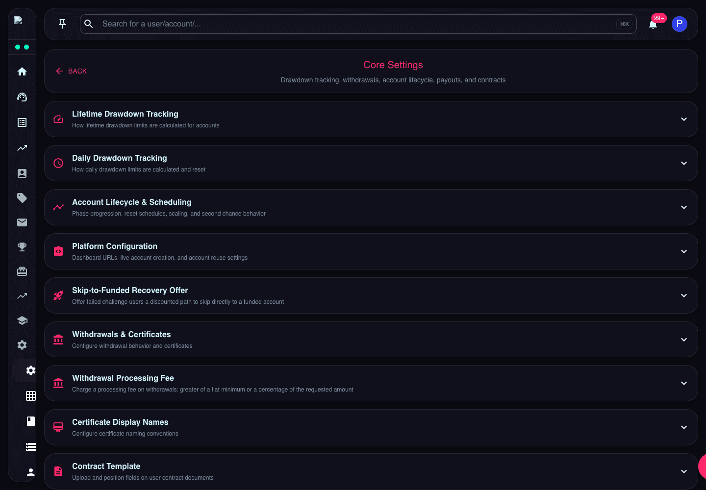 Core Settings page showing lifetime drawdown, daily drawdown, lifecycle, payout, and contract settings