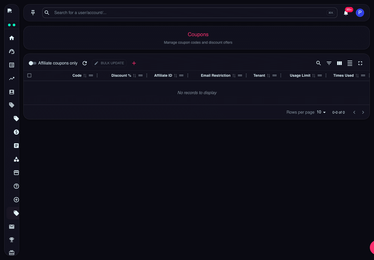 Coupons page showing affiliate-only filter, bulk update action, usage limit, expiry date, applicable addons, and coupon status