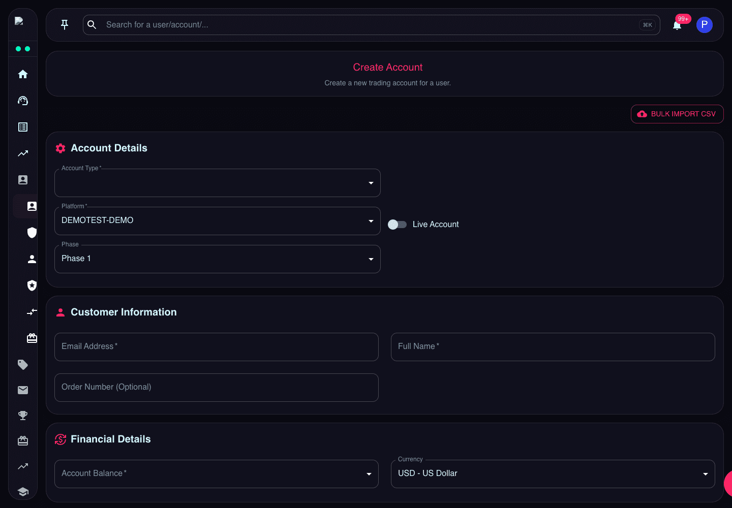 Create Account page showing account type, platform, live account flag, phase, customer email, and full name fields
