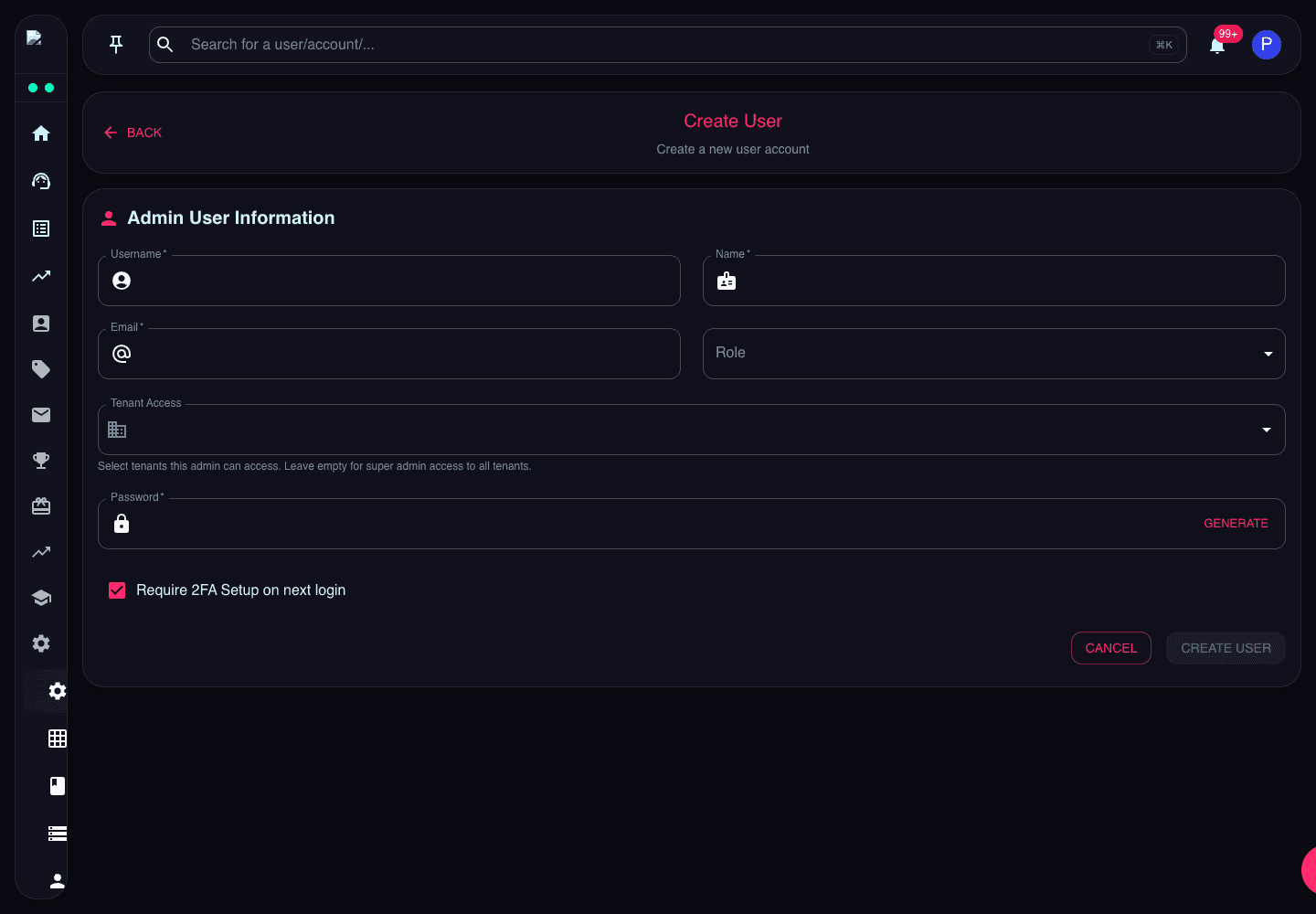Create User page showing username, name, email, role, tenant access, and password fields