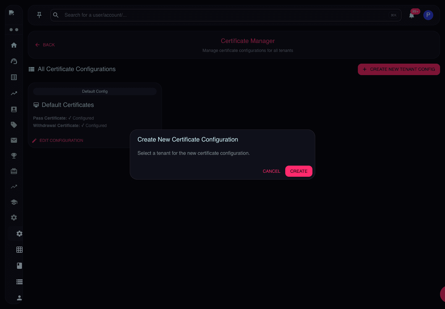 Create Certificate Configuration dialog showing tenant selection and create action
