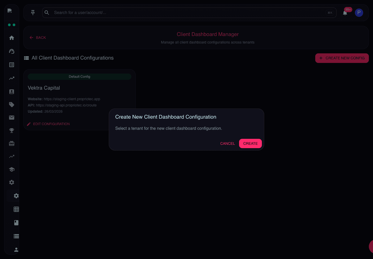 Create Client Dashboard Configuration dialog showing tenant selection