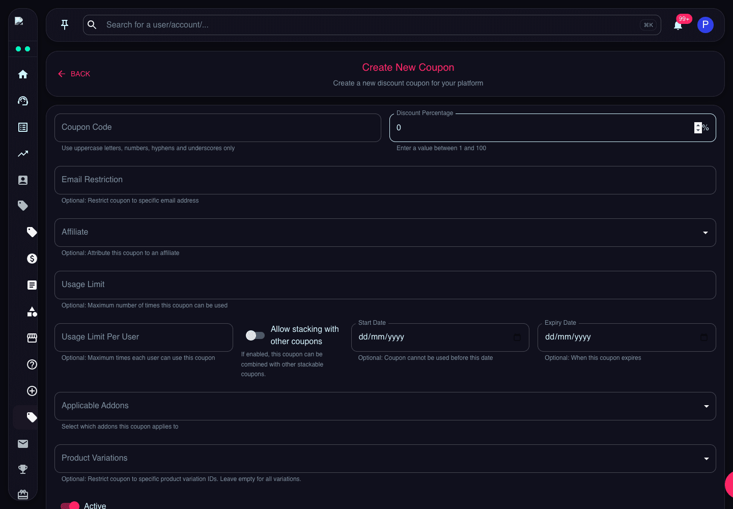 Create Coupon page showing coupon code, discount percentage, email restriction, and coupon configuration fields