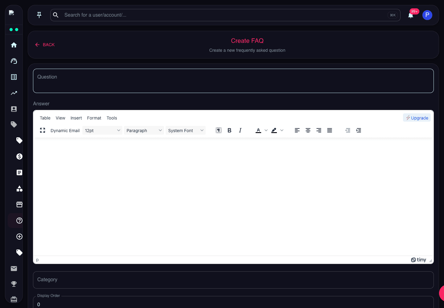 Create FAQ page showing question, rich text answer editor, category, display order, tags, and active toggle