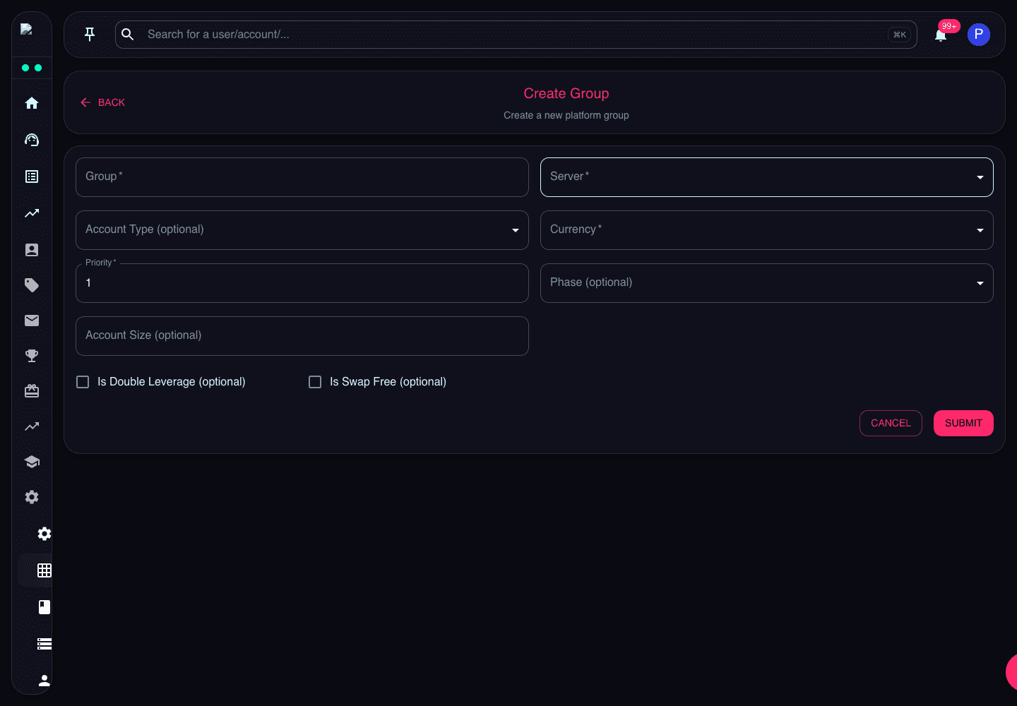Create Group page showing group, server, account type, currency, priority, phase, and account size fields