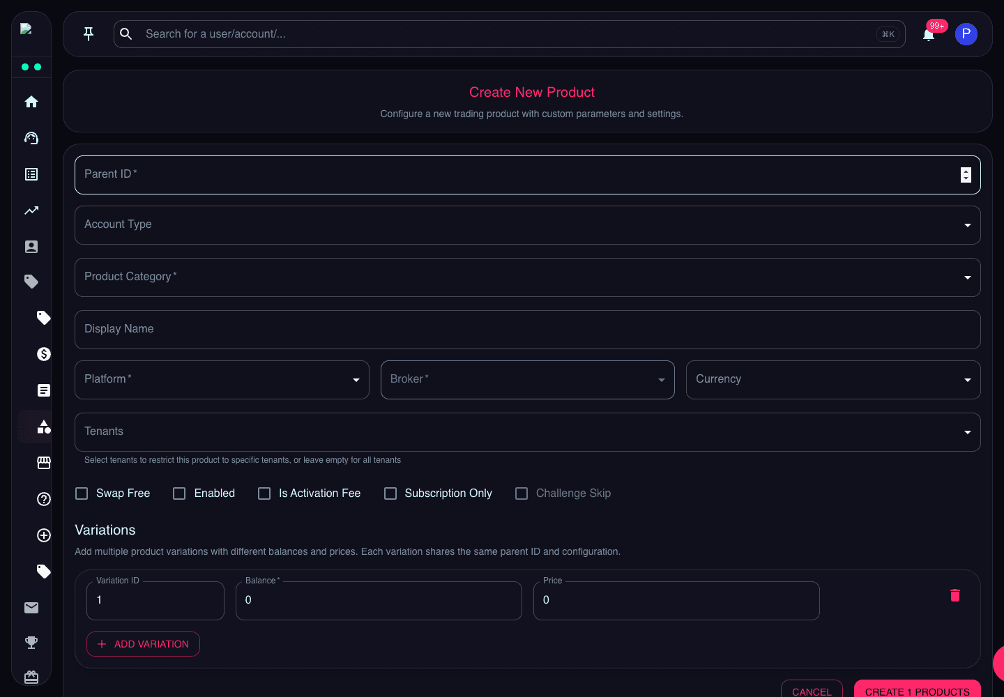 Create New Product page showing parent ID, account type, category, platform, broker, currency, and tenant fields