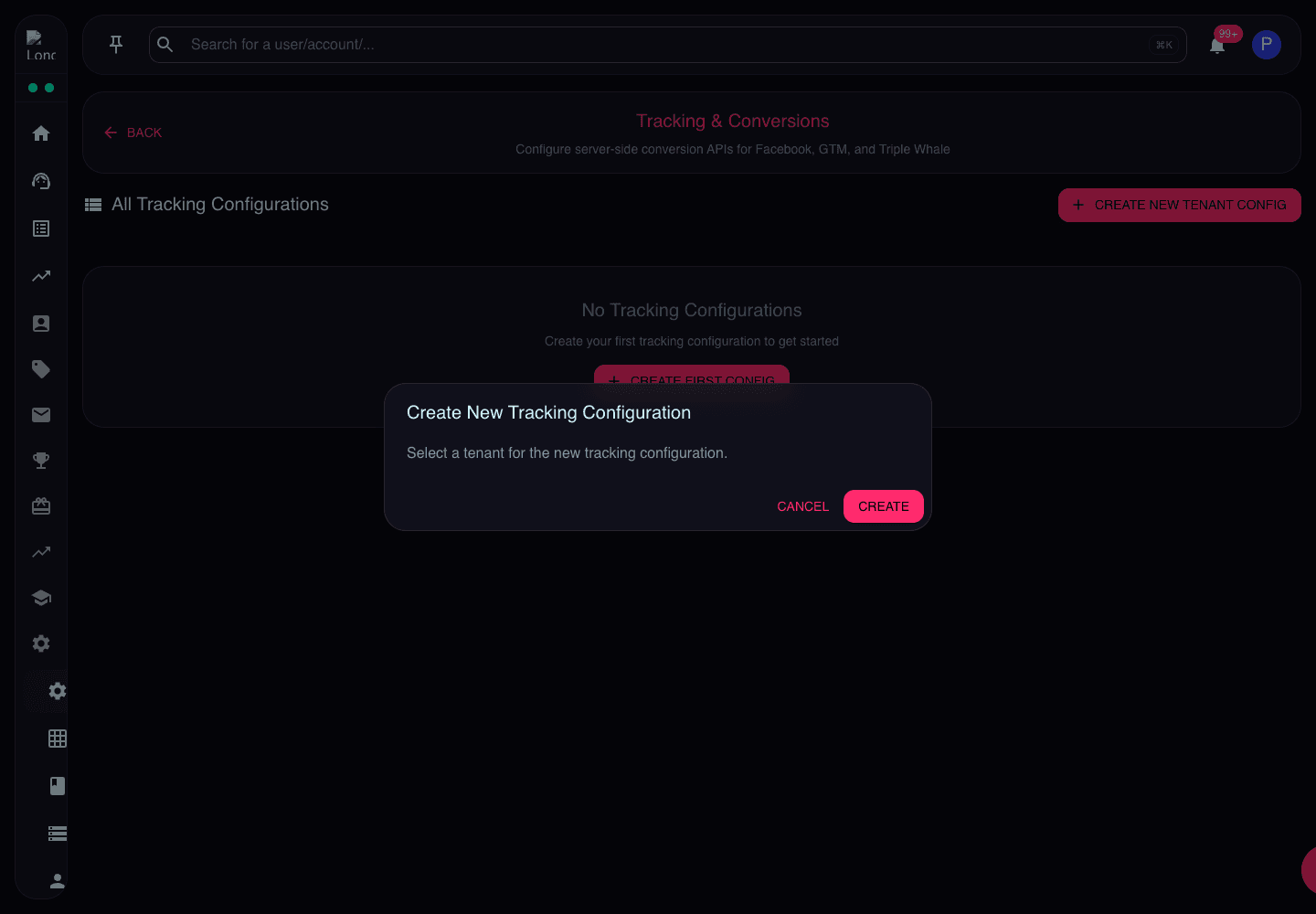 Create Tracking Configuration dialog showing tenant selection