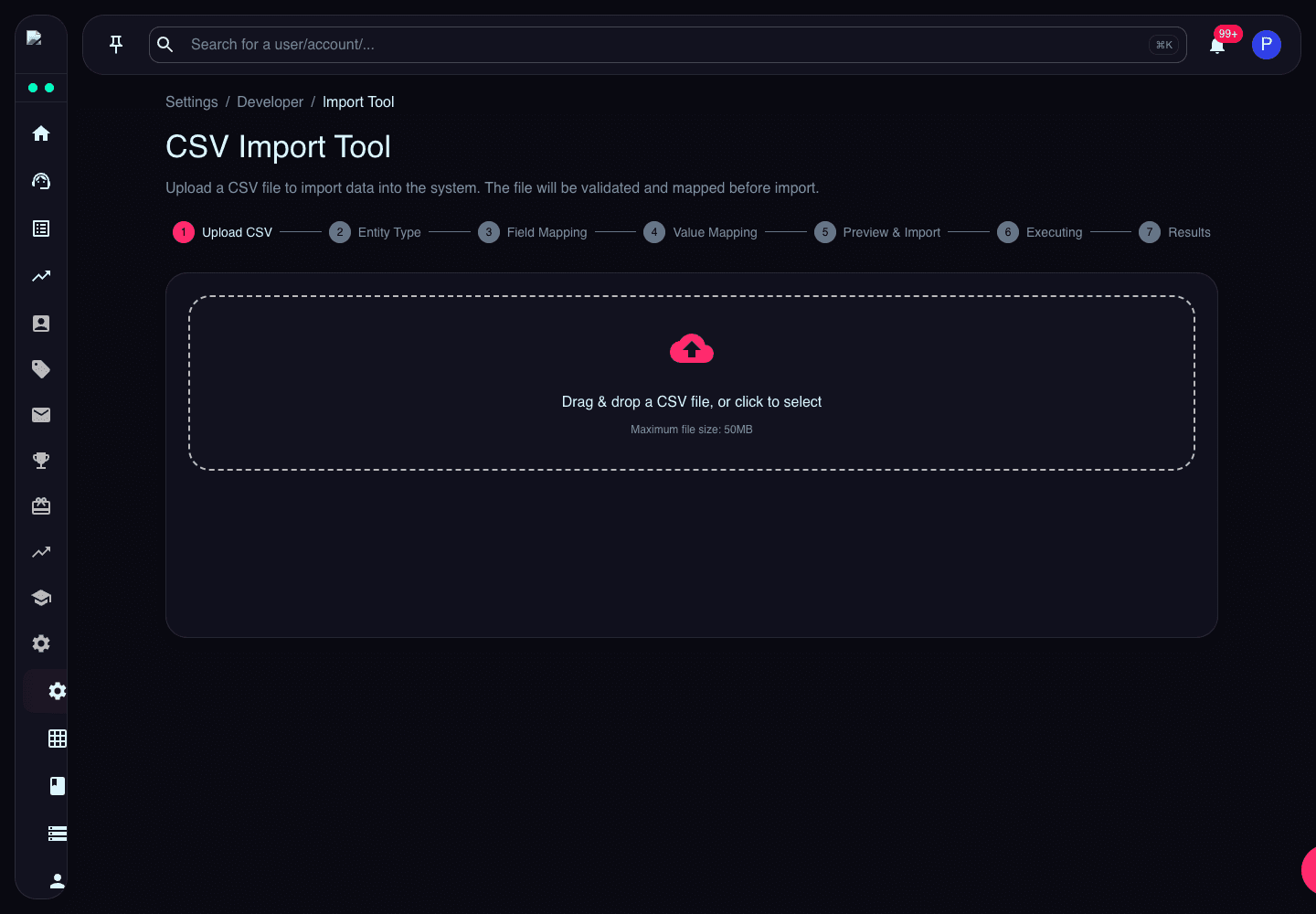 CSV Import Tool page showing upload, entity type, field mapping, value mapping, preview, executing, and results steps