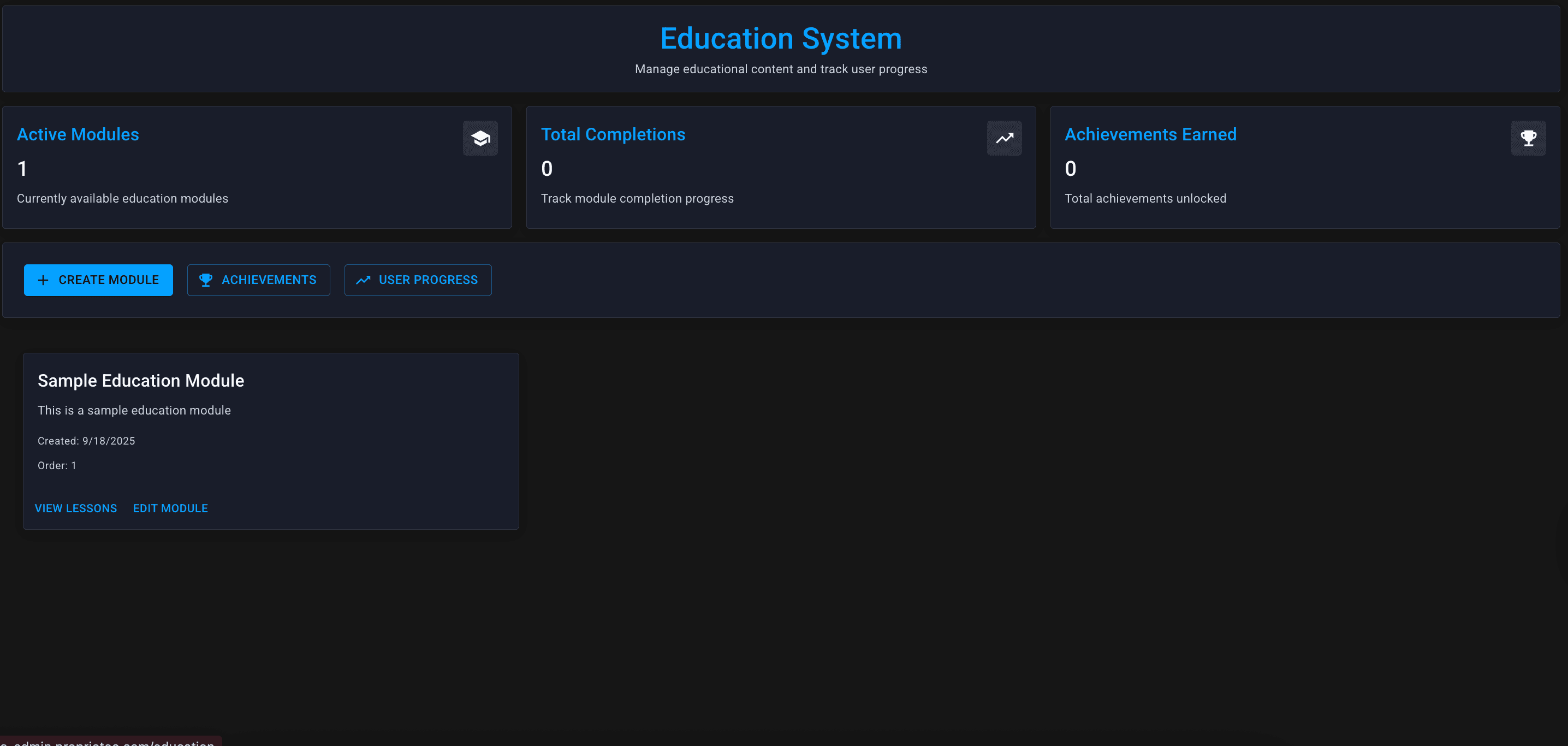 Education System main page — overview cards