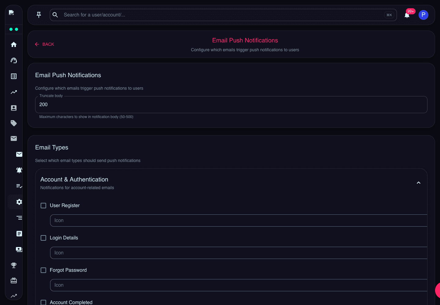 Email Push Notifications page showing truncate setting, email type groups, icon fields, and save action