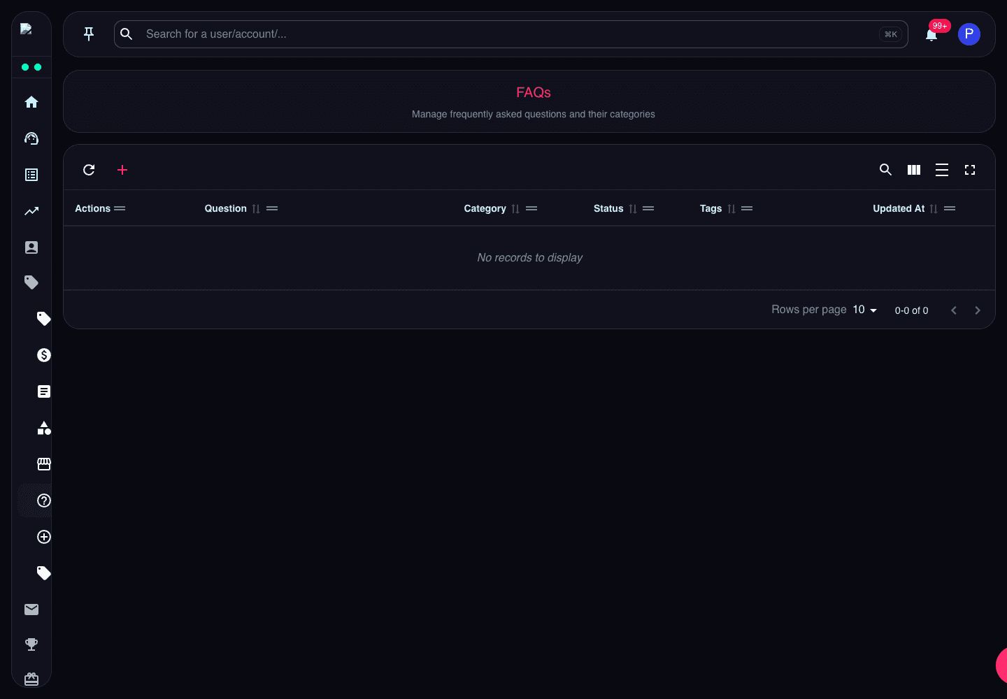 FAQs admin page showing question, category, status, tags, and updated date columns