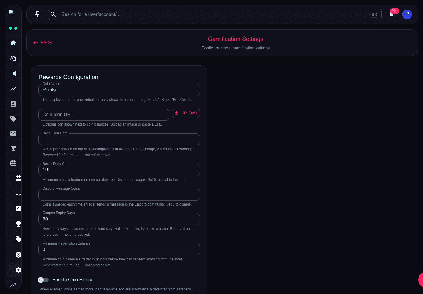 Gamification Settings page showing coin name, icon URL, earn rate, and social limits