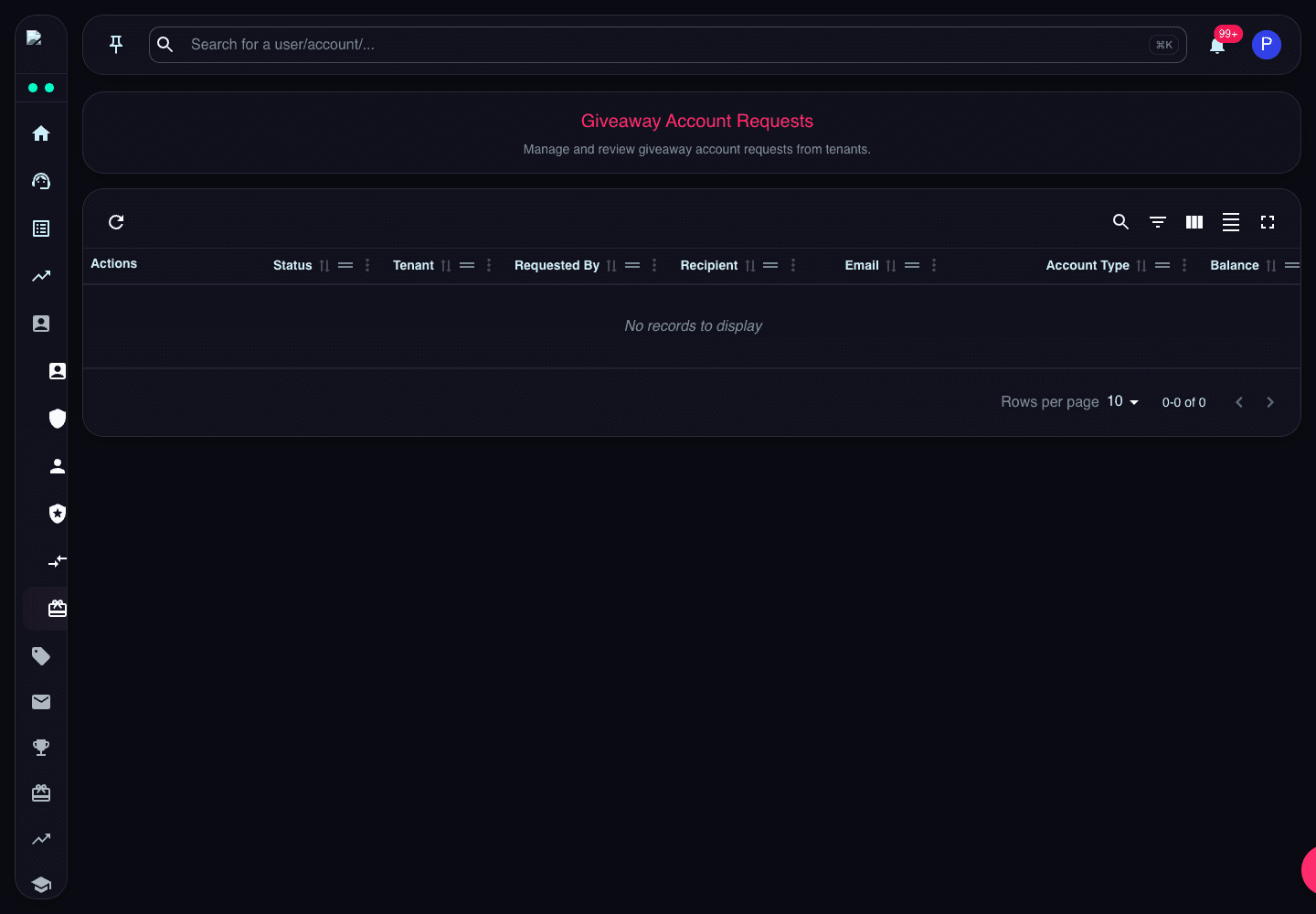 Giveaway Account Requests page showing request status, tenant, recipient, account type, balance, platform, and submitted date