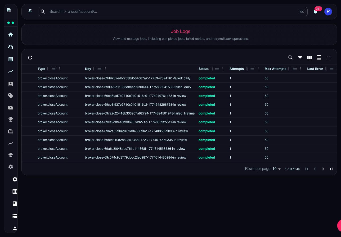 Job Logs page showing job type, key, status, attempts, errors, and timestamps