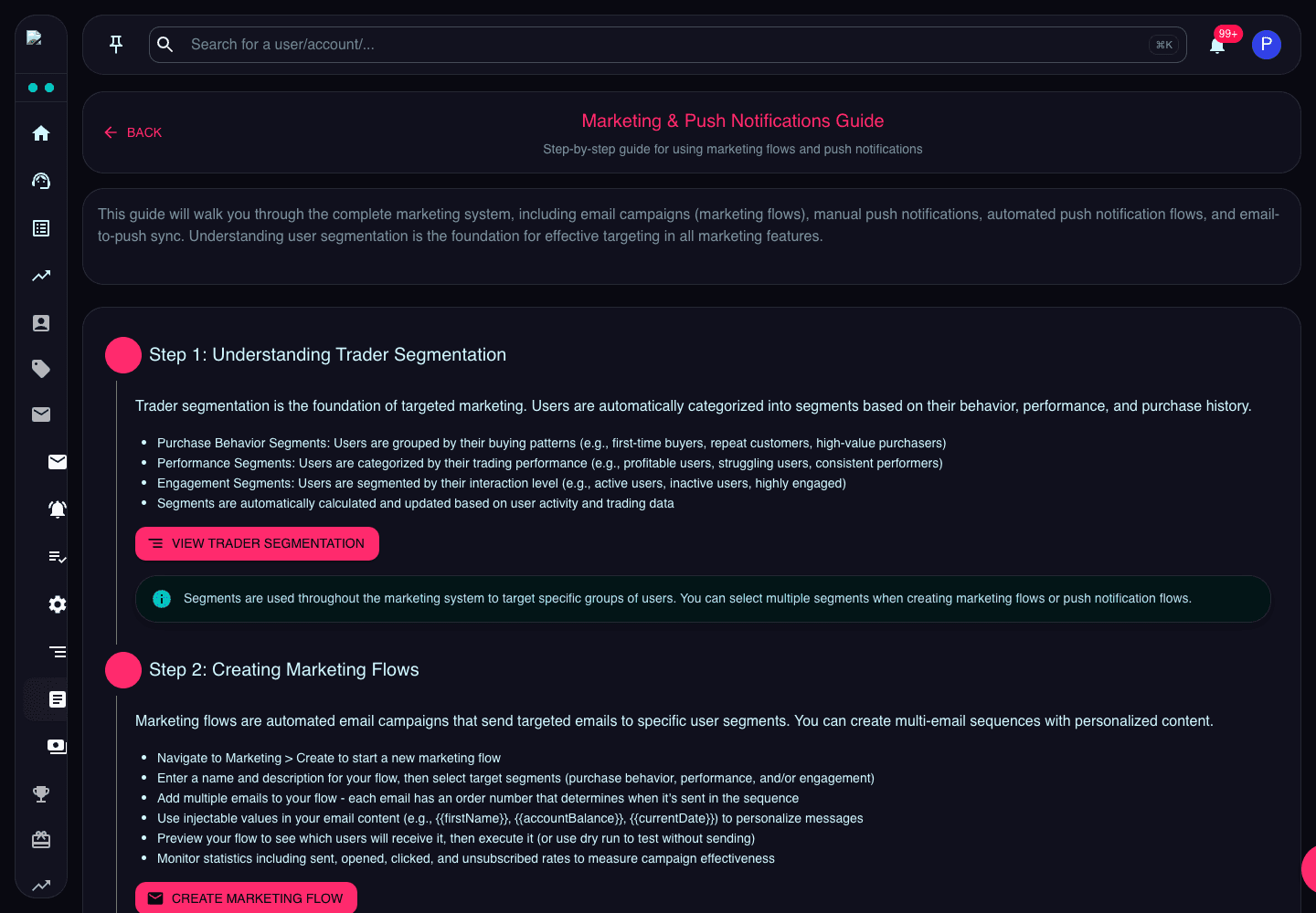 Marketing how-to guide showing steps for trader segmentation, flows, push notifications, notification flows, and email sync