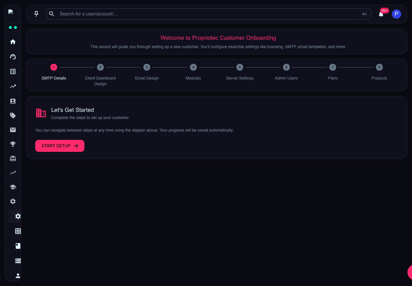 Onboarding wizard showing SMTP, client dashboard design, email design, modules, and setup steps