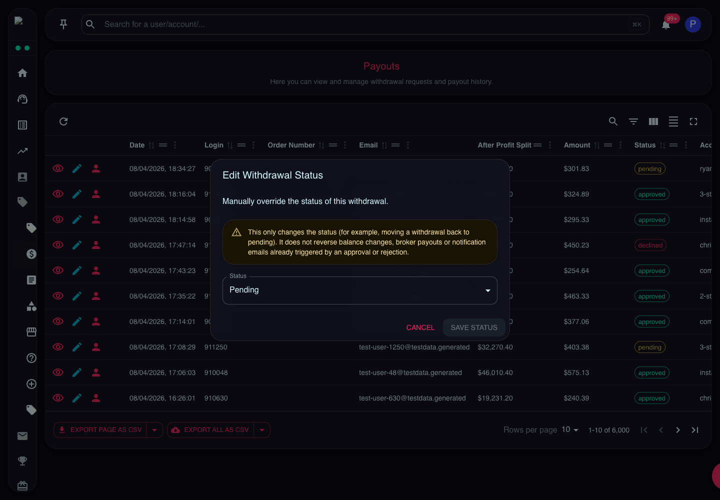 Edit Withdrawal Status dialog with warning text and status selector