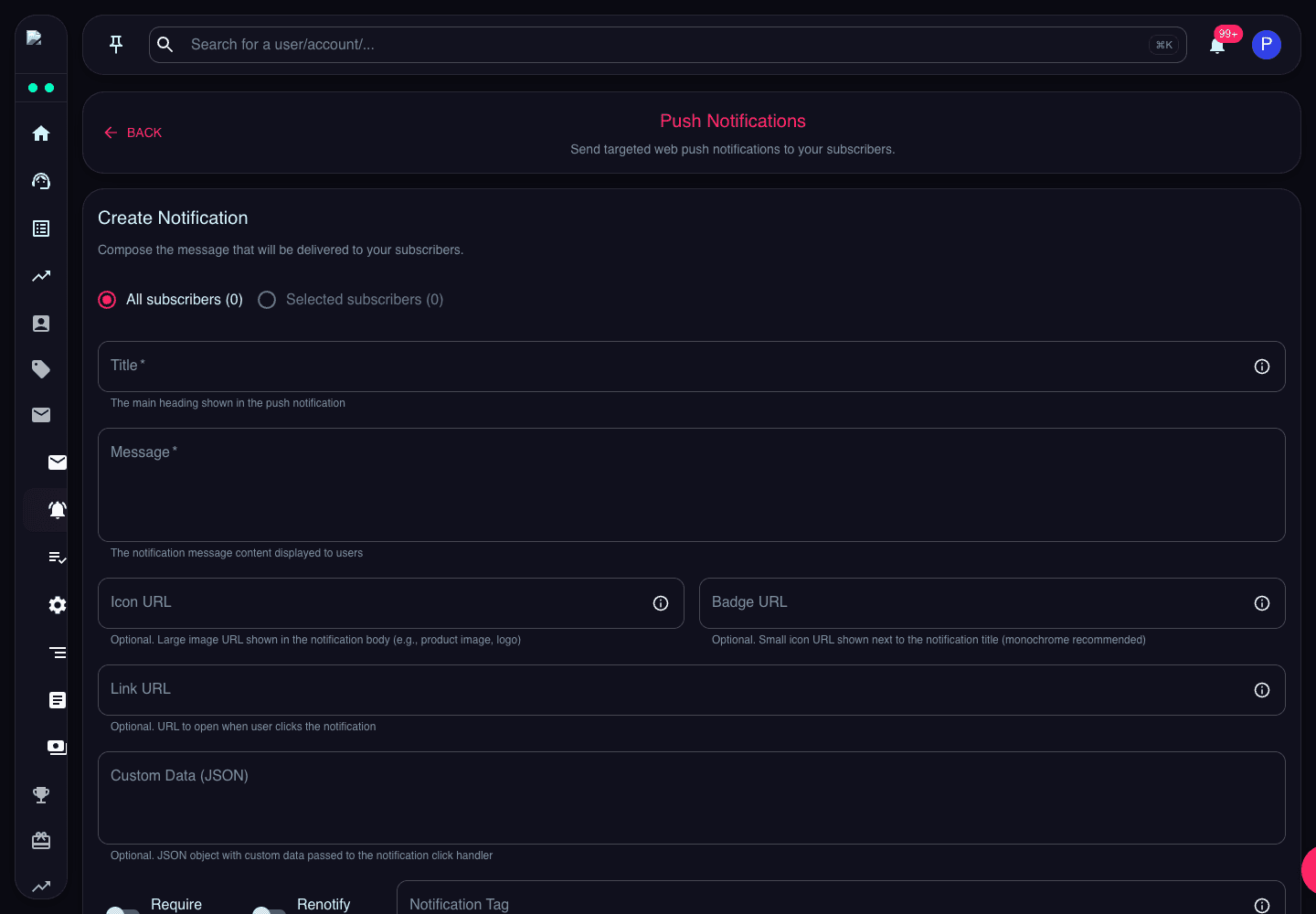 Push Notifications page showing create notification form, subscription table, and notification history