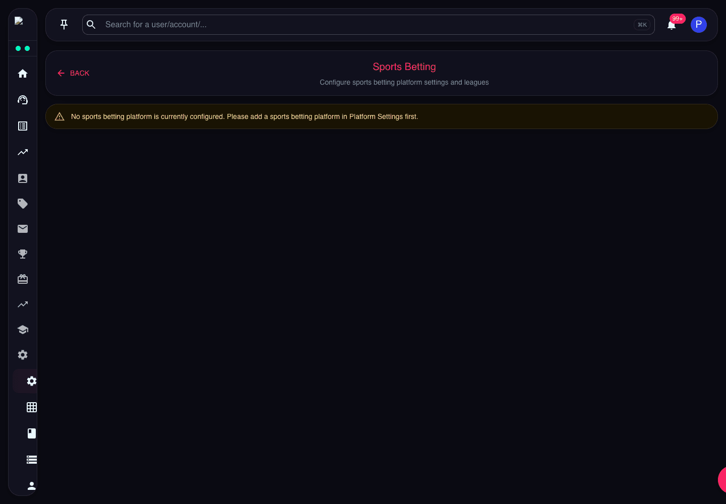 Sports Betting settings page showing no configured sports betting platform state