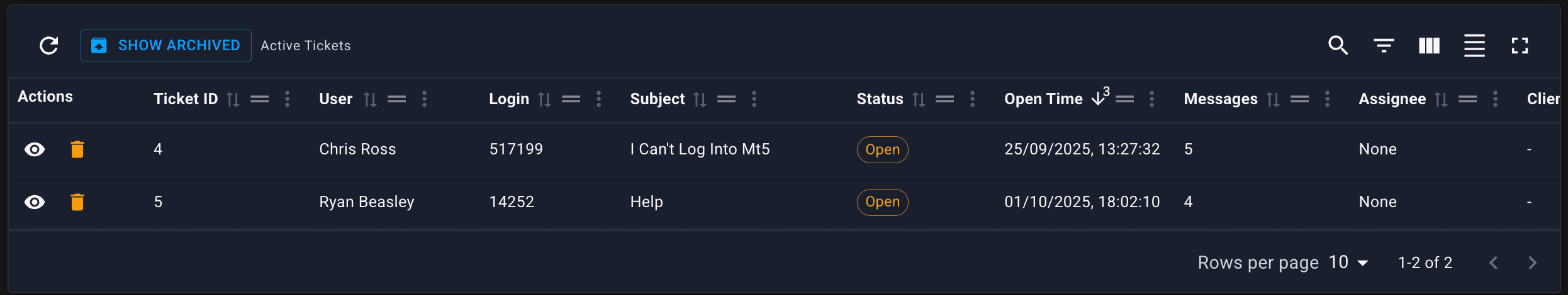 Support — ticket list with open tickets