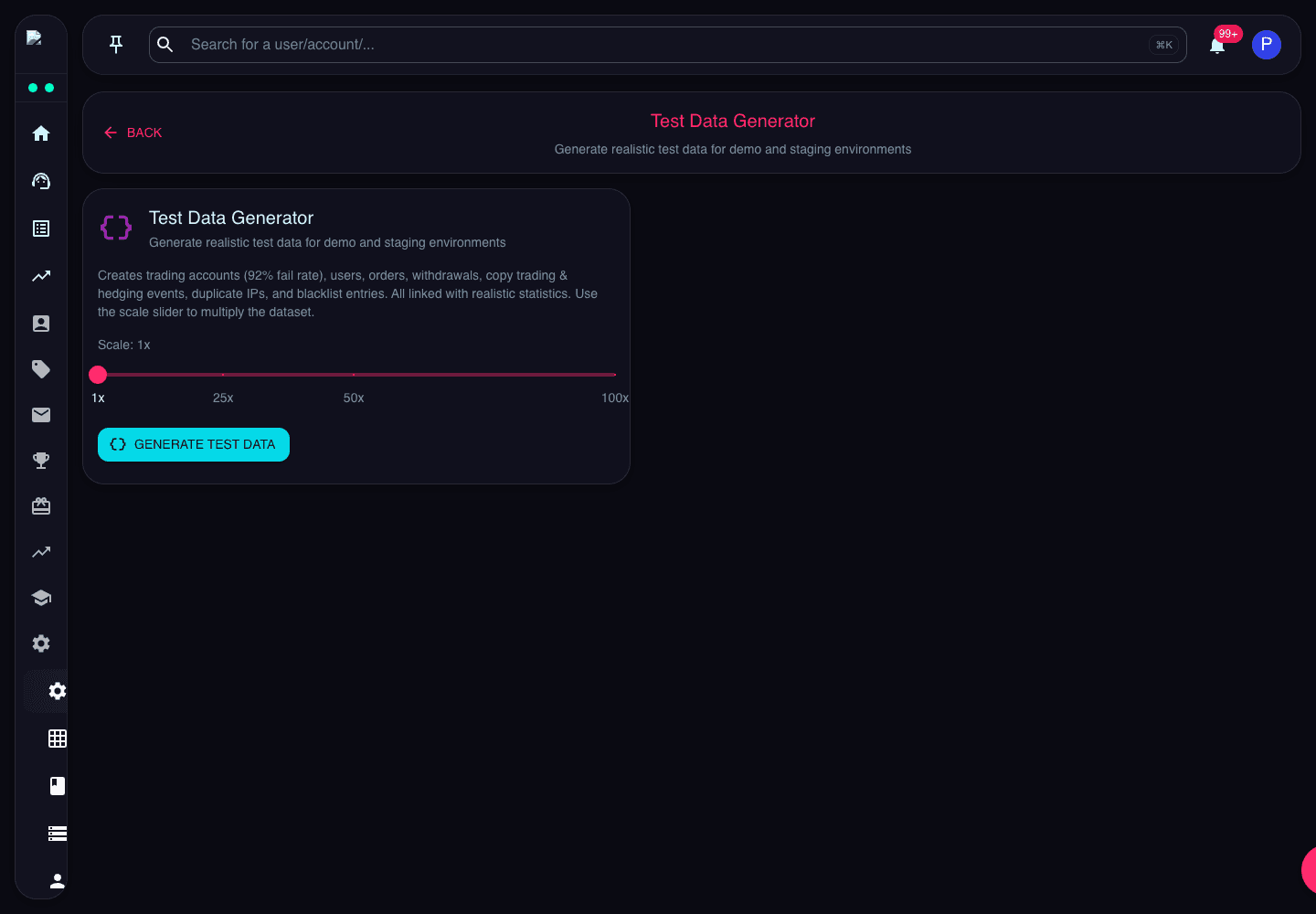Test Data Generator page showing generated users, accounts, orders, withdrawals, and risk data options