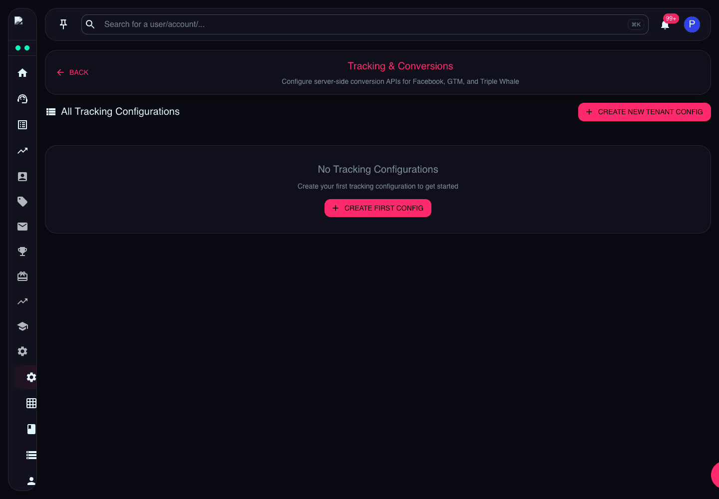 Tracking & Conversions page showing tenant tracking configuration list and create actions