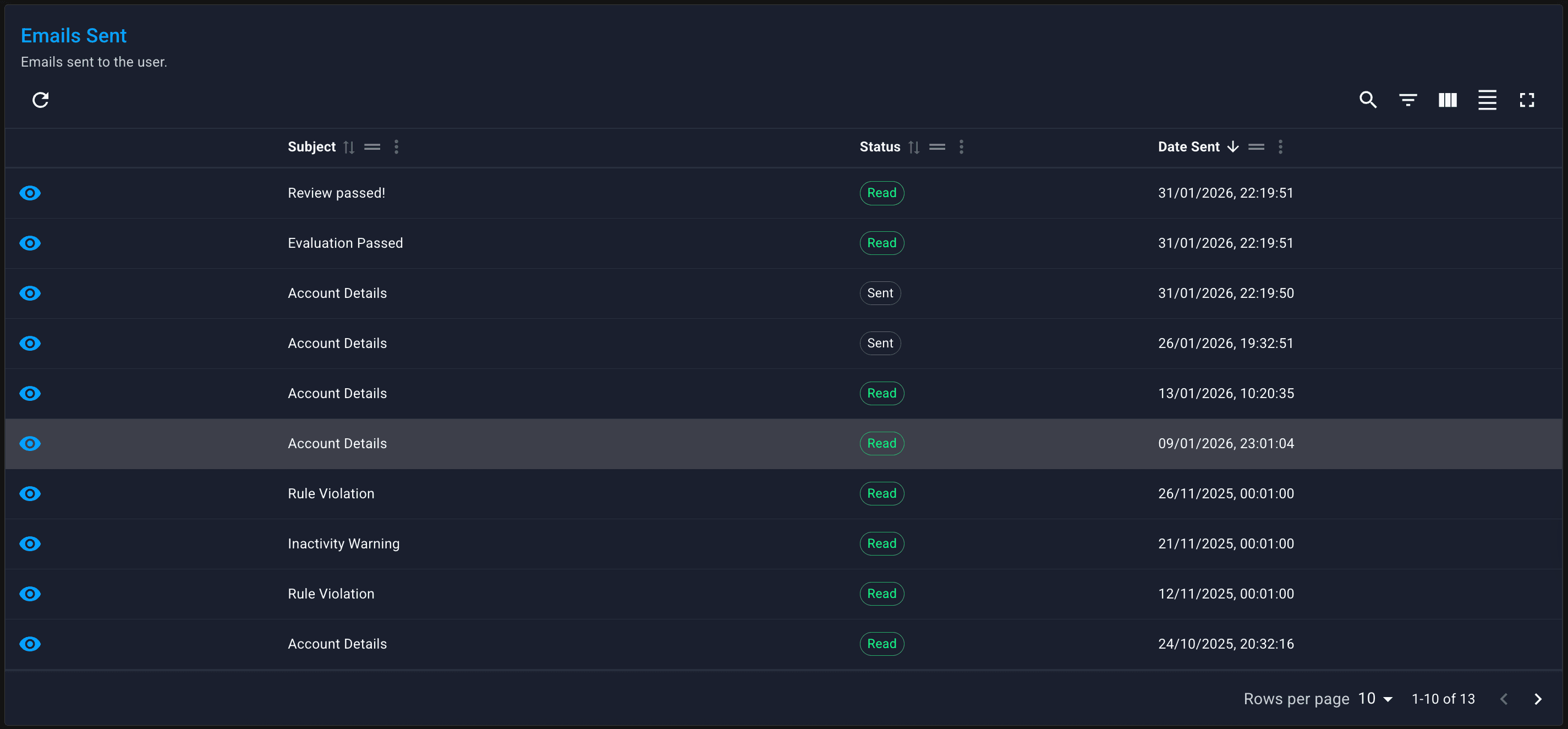 User view — Sent Emails section