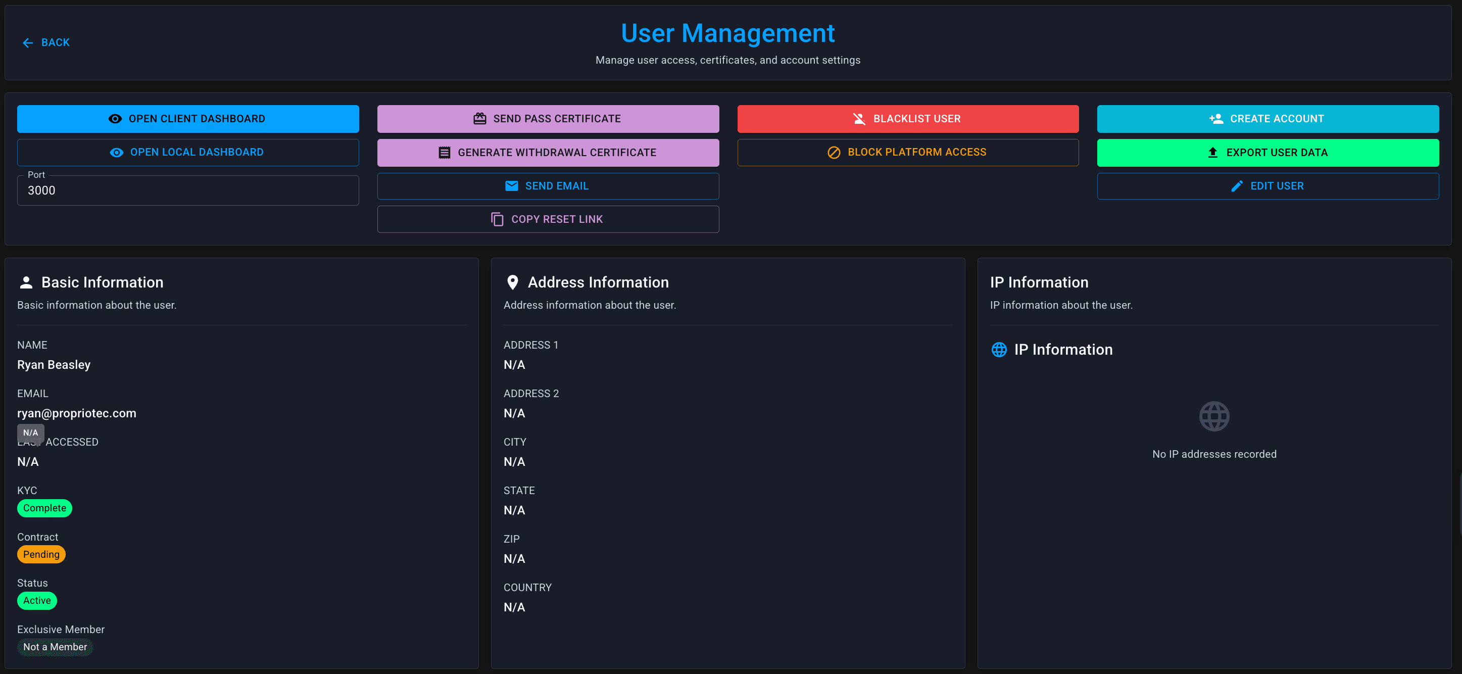 User view — details at top, multiple accounts below
