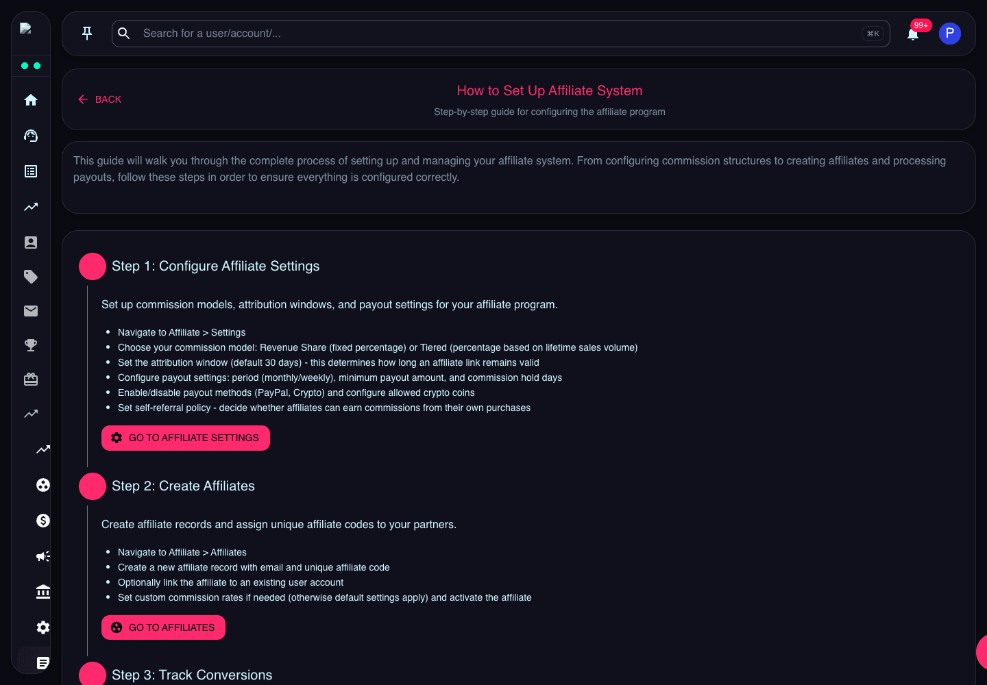 Affiliate setup guide showing settings, affiliates, conversions, payouts, and tips
