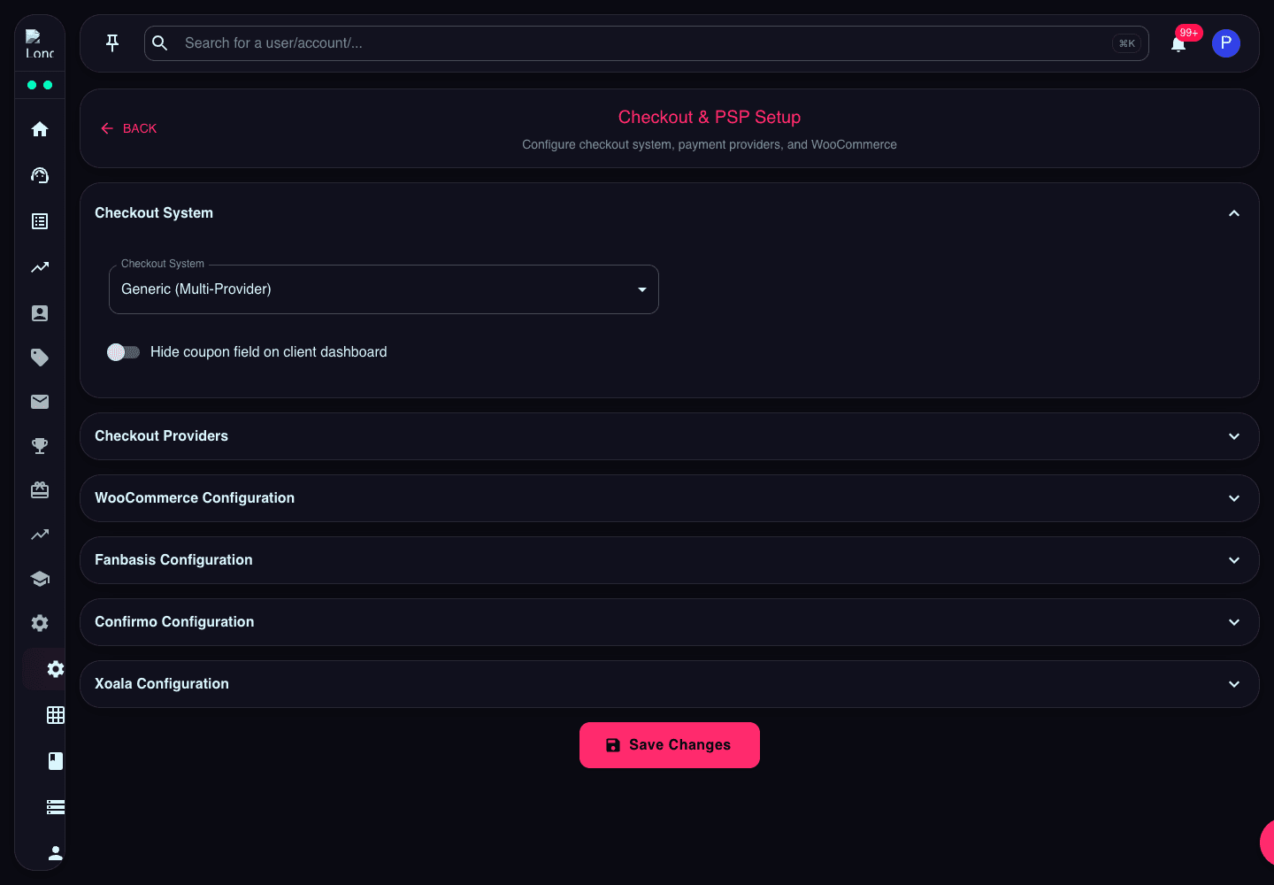 Checkout & PSP Setup page showing checkout system, provider configuration, WooCommerce, and Fanbasis fields