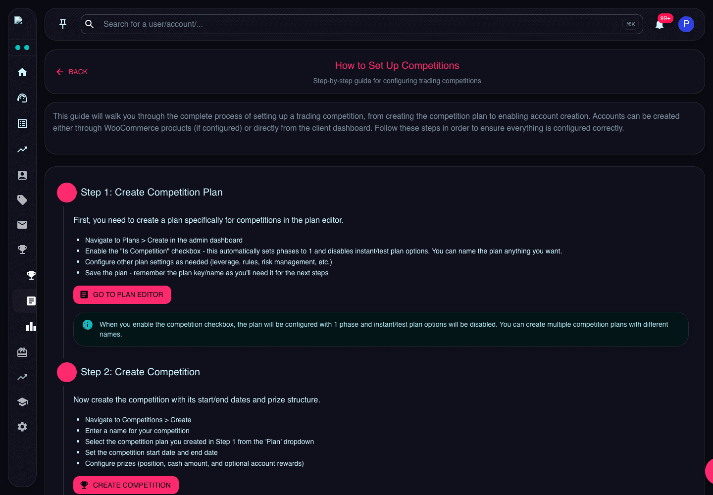 Competition setup guide showing plan, competition, product, and account creation steps