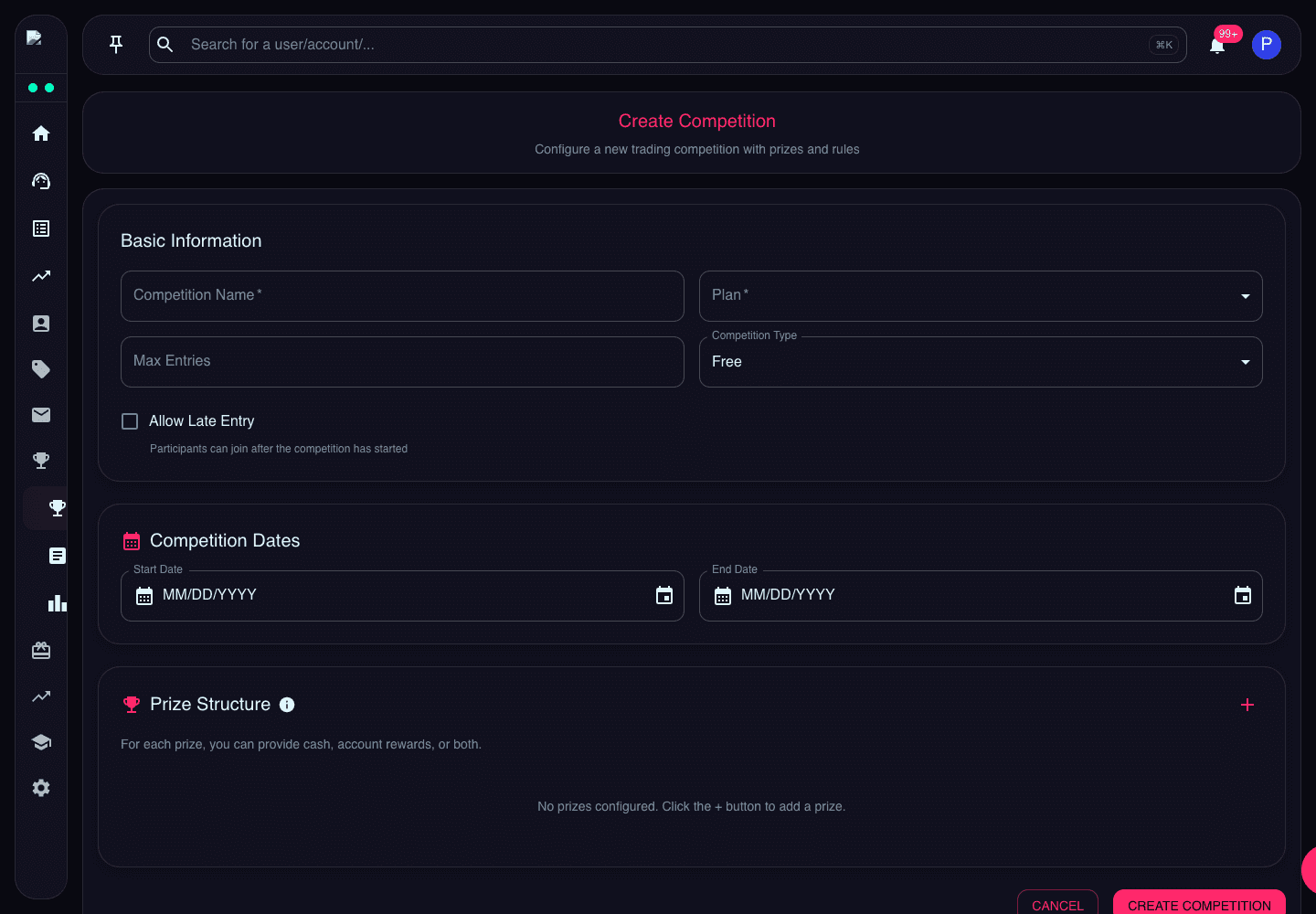 Create Competition page showing basic information, plan selector, max entries, competition type, late entry option, and dates