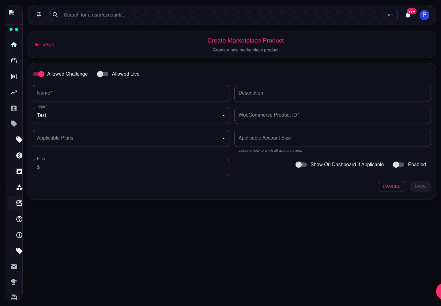 Create Marketplace Product page showing name, type, WooCommerce ID, applicable plans, account size, price, and visibility fields