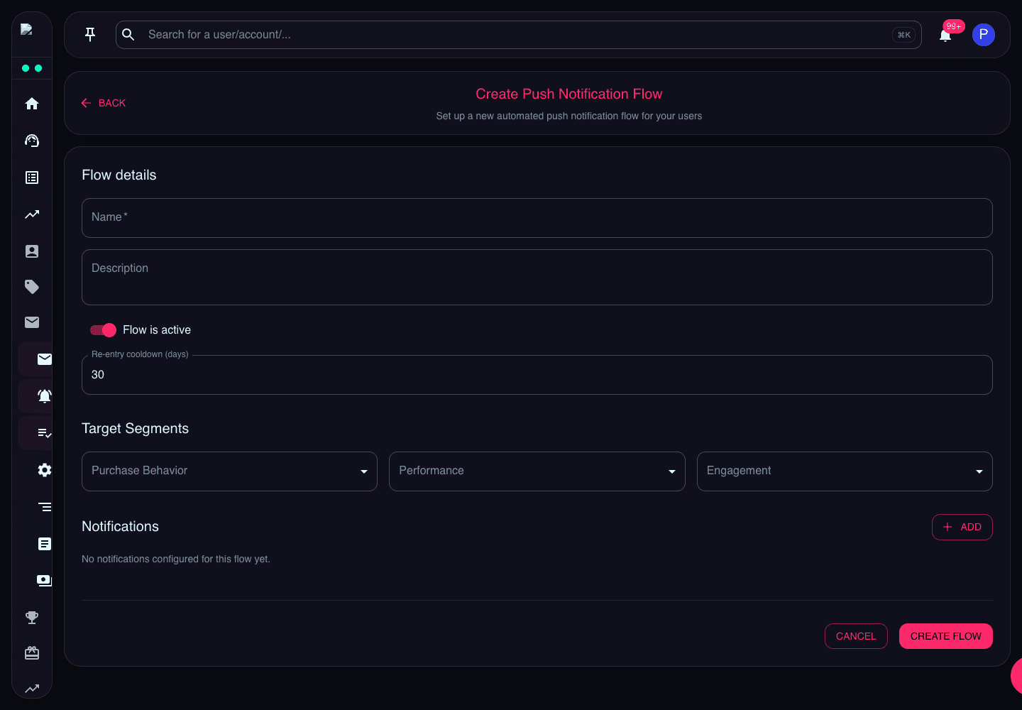 Create Push Notification Flow page showing flow details, target segments, cooldown, and notification steps